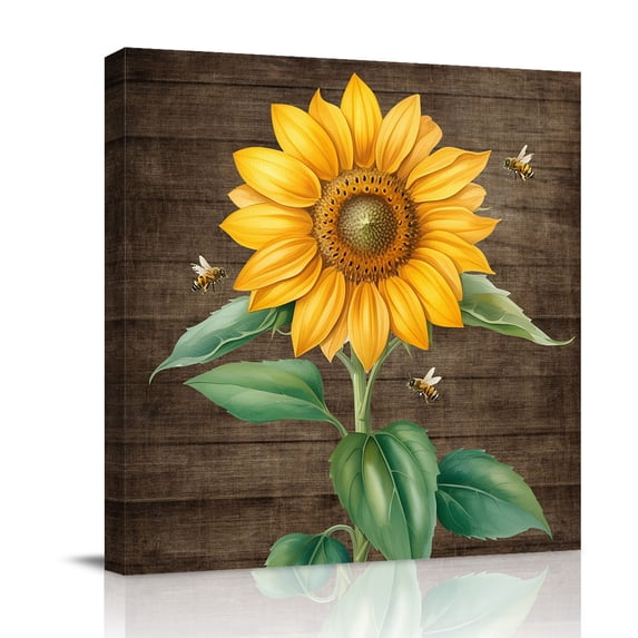 Summer Sunflower Canvas Wall Art for Living Room, Yellow Floral Plants Bees Brown Wood Grain Poster Print Painting for Bedroom Office Home Decoration Wall Pictures Prepare To Hang 12"x12"
