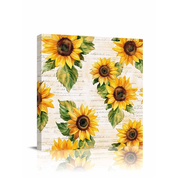 Summer Sunflower Canvas Wall Art, Yellow Flower Leaf Old Newspaper Framed Wall Decor Modern Artwork Prints Painting for Living Room, Bedroom, Kitchen & Cafe Decor 20x20 Inch