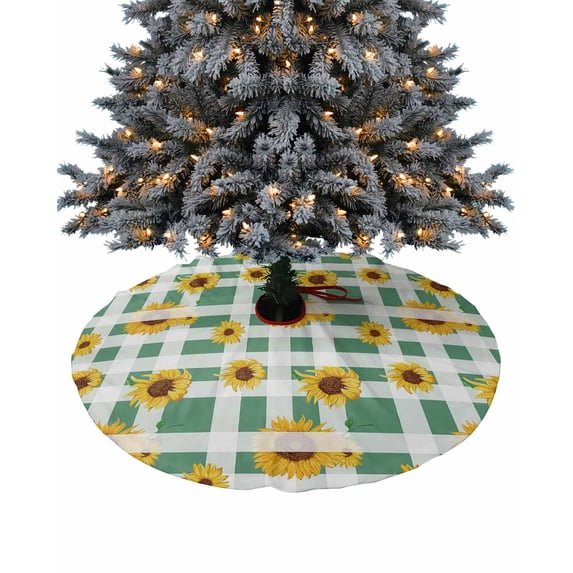 Summer Sunflower Christmas Tree Skirt 36 Inches Large Christmas Skirt Tree, Spring Floral Botanical Green Plaid Tree Skirt Christmas Decorations for Fireplace Party Holidays Indoor Outdoor