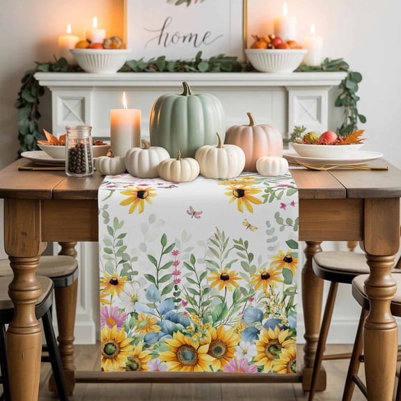 Summer Sunflower Cotton Linen Table Runner, Washable Table Runners for Kitchen, Dining Room, Holiday, Home Party Table Decor, 13x36 Inches