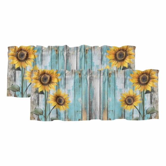 Summer Sunflower Curtain Valances for Windows, Kitchen Valance Window Treatments Panel 2 Pack, Blue Wood Grain Farmhouse Country Rod Pocket Short Curtains for Bathroom Bedroom 42 x 12 Inch