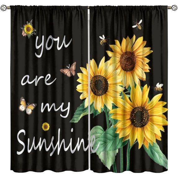 Summer Sunflower Curtains for Kitchen,Yellow Floral Butterfly Bee Print Blackout Window Treatments Drapes for Bedroom Living Room Bathroom Apartment Cafe Decor 84x84in
