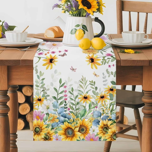 Summer Sunflower Dining Table Runner, Daisy Eucalyptus Leaf Washable Table Runners Kitchen Coffee Table Center Decor for Home Party Holiday Wedding 13 x 70 Inches