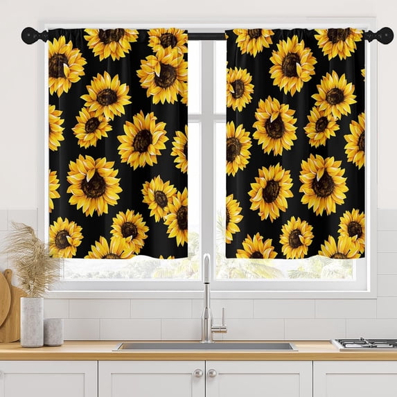 Summer Sunflower Floral Kitchen Curtains, Botanical Leaf Cute Short Window Curtains Set of 2, Window Treatment Tier Curtains for Kitchen Over Sink Bathroom Dining Room Decor (26x36 Inch)