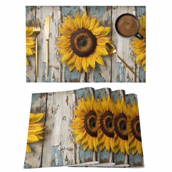 Summer Sunflower Flower Placemats Set of 2, Vintage Floral Wood Grain Non-Slip Place Mats Washable Table Mats for Kitchen Dining Table Decorations Indoor/Outdoor