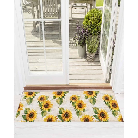 Summer Sunflower Front Door Mat Yellow Flower Leaf Old Newspaper Welcome Doormat Indoor Outdoor Entrance Floor Mat Non-Slip Washable Runner Rug for Front Porch Decor 18x60 Inch