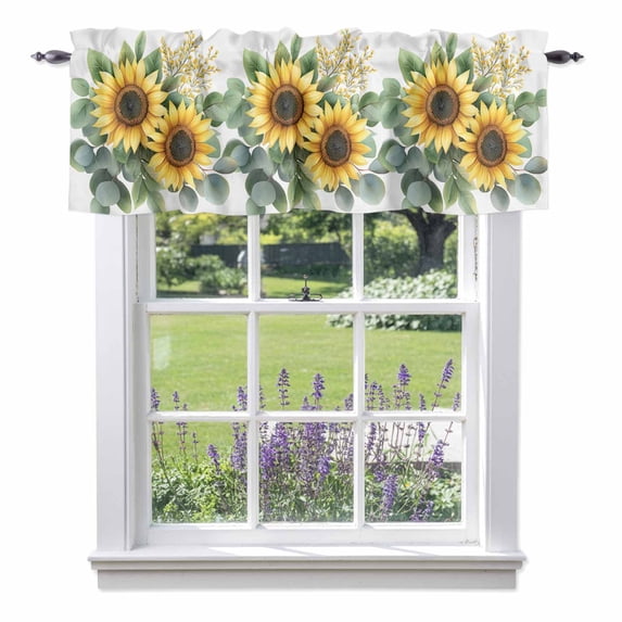 Summer Sunflower Green Leaves Valances for Windows,Kitchen Valance Rod Pocket Short Curtain, Watercolor Yellow Floral Valance Curtain Window Valances for Bedroom Bathroom Living Room 42x12in