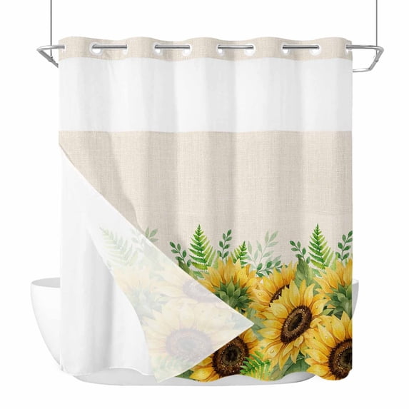 Summer Sunflower No Hook Shower Curtain with Snap in Liner Country Vintage Farm Yellow Flower Green Leaf Linen Waterproof Bathroom Shower Curtain with See Through Top Window for Bathtub 72" x 72"