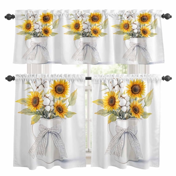 Summer Sunflower Kitchen Curtains Valances and Tiers Set of 3 Vintage Plants Yellow Flower in Vase Tier Curtains and Valance with Rod Pocket for Small Windows, 27.5"x24"