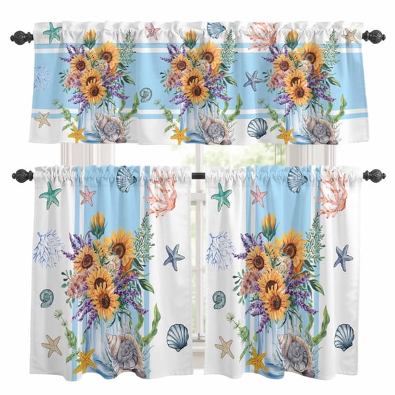 Summer Sunflower Kitchen Curtains Valances and Tiers Set of 3 Watercolor Ocean Starfish Coral Tier Curtains and Valance with Rod Pocket for Small Windows, 27.5"x36"