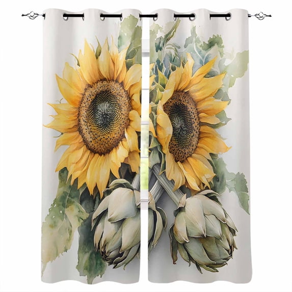 Summer Sunflower Kitchen Curtains Yellow Green Floral Watercolor Plant Cafe Short Curtains for Bathroom Blackout Window Curtain Grommet Small Window Treatment Drapes for Bedroom Living Room 52"x45"x2