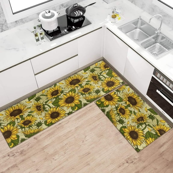 Summer Sunflower Kitchen Rugs Sets of 2, Sunflower Yellow Kitchen Rug Mat Washable Non-Slip Kitchen Sink Floor Mat Sunflower Kitchen Decor