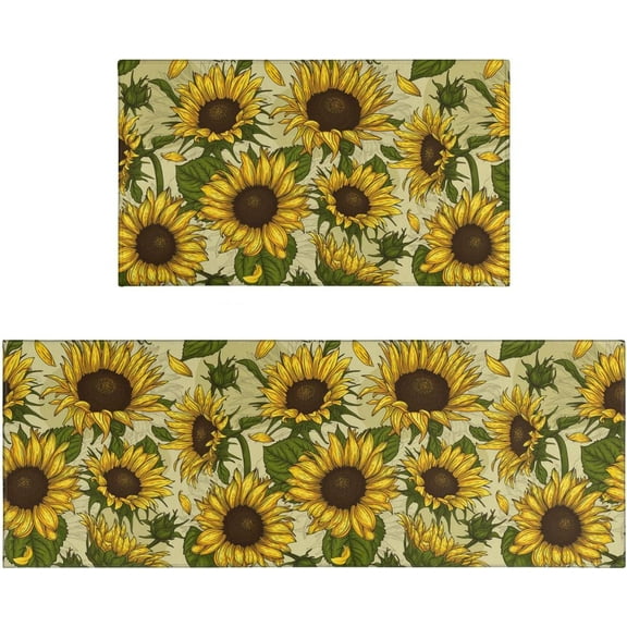 Summer Sunflower Kitchen Rugs Sets of 2, Sunflower Yellow Kitchen Rug Mat Washable Non-Slip Kitchen Sink Floor Mat Sunflower Kitchen Decor