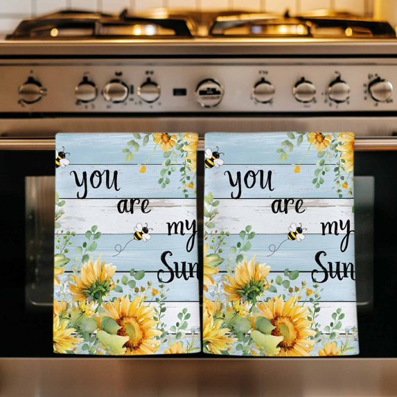Summer Sunflower Kitchen Towels Set of 3, Vintage Floral Botanical Bee Blue Wooden Absorbent Dish Towels for Kitchen, Microfiber Hand Towel, Quick Drying Tea Towel for Cleaning Decorative Dishcloths