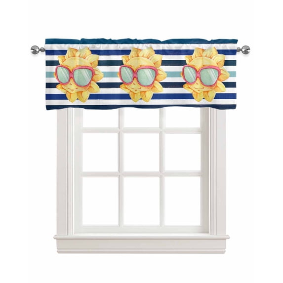 Summer Sunflower Linen Curtain Valance for Bedroom/Bathroom/Kitchen/Office/Living/Dining Room Window,Funny Geometric Stripe Navy Blue Rod Pocket Topper Decorative Cafe Drapes Panel 54"x18"