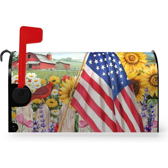 Summer Sunflower Magnetic Mailbox Cover Patriotic American Flag Mailbox Wrap Rustic Fall Floral Flower Bird Waterproof Mail Box Covers Post Wraps Letter Box Cover Standard Size 21x18 Inch