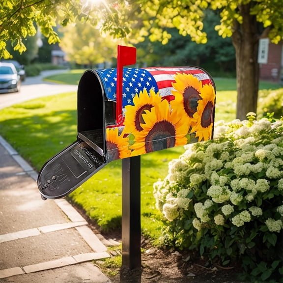 Summer-Sunflower Magnetic-Mailbox-Covers Patriotic-American-Flag 4th-of-July Independence-Day Mailbox Wraps Post Letter Box Cover for Outdoor Garden Home Yard Decor 22"x18"