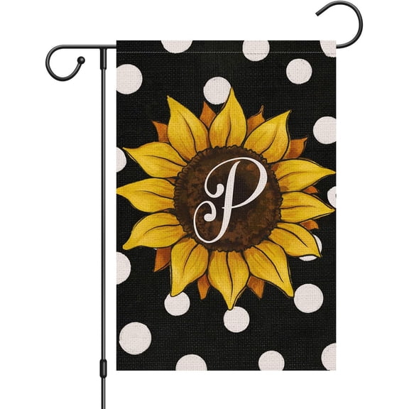 Summer Sunflower Monogram Garden Flag 12x18 Double Sided Burlap, Small Welcome Initial Letter P Family Last Name Yard House Flag Outdoor Polka Dots Decoration (ONLY FLAG)