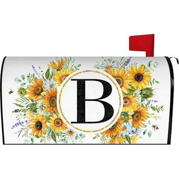 Summer Sunflower Monogram Letter B Mailbox Cover Magnetic 21x18 Inch, Family Last Name Initial Post Letter Box Covers, Spring Summer Seasonal Outdoor Yard Garden Standard Mailbox Decor