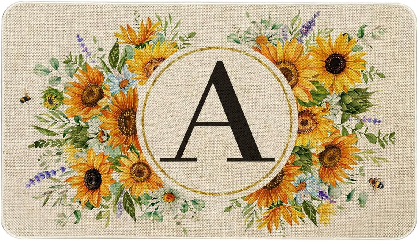 Summer Sunflower Monogram Letter A Door Mat 30 X 17 Inch Family Last Name Initial Welcome Doormat Indoor Outdoor Entrance Floor Rug Non Slip Spring Summer Decor Rubber Mats