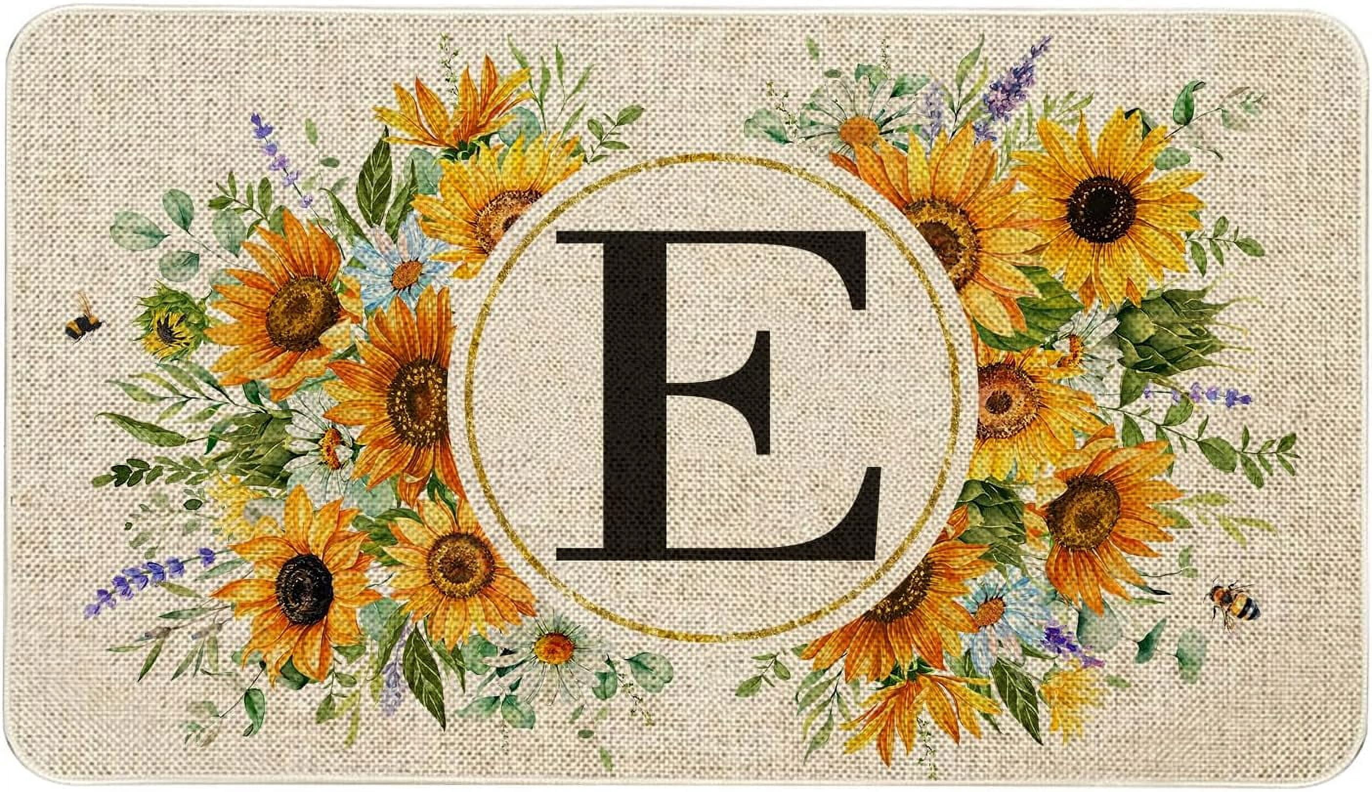 Summer Sunflower Monogram Letter E Door Mat 30 X 17 Inch Family Last Name Initial Welcome Doormat Indoor Outdoor Entrance Floor Rug Non Slip Spring Summer Decor Rubber Mats
