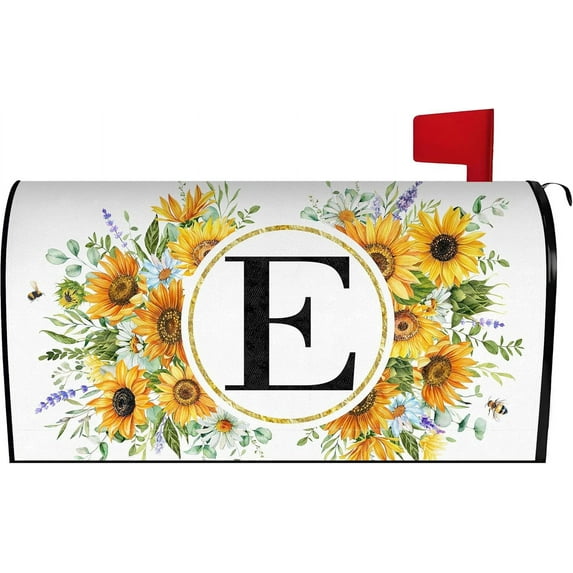 Summer Sunflower Monogram Letter E Mailbox Cover Magnetic 21x18 Inch, Family Last Name Initial Post Letter Box Covers, Spring Summer Seasonal Outdoor Yard Garden Standard Mailbox Decor