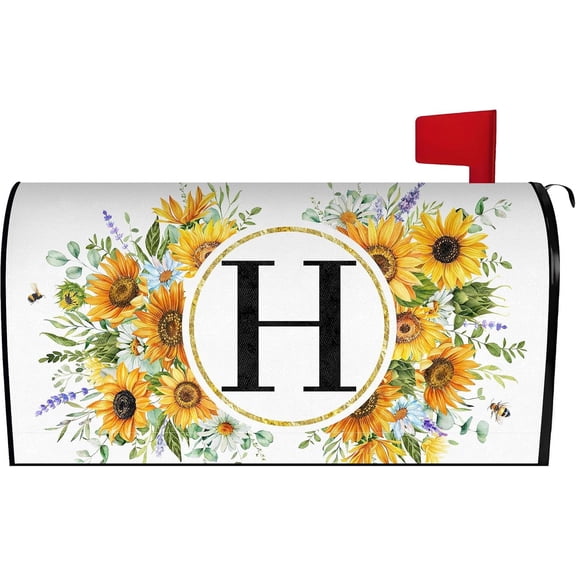 Summer Sunflower Monogram Letter H Mailbox Cover Magnetic 21x18 Inch, Family Last Name Initial Post Letter Box Covers, Spring Summer Seasonal Outdoor Yard Garden Standard Mailbox Decor
