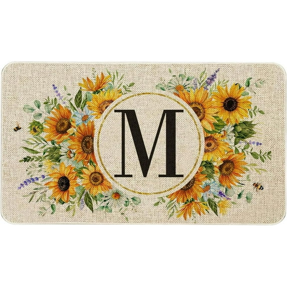 Summer Sunflower Monogram Letter M Door Mat 30 X 17 Inch Family Last Name Initial Welcome Doormat Indoor Outdoor Entrance Floor Rug Non Slip Spring Summer Decor Rubber Mats