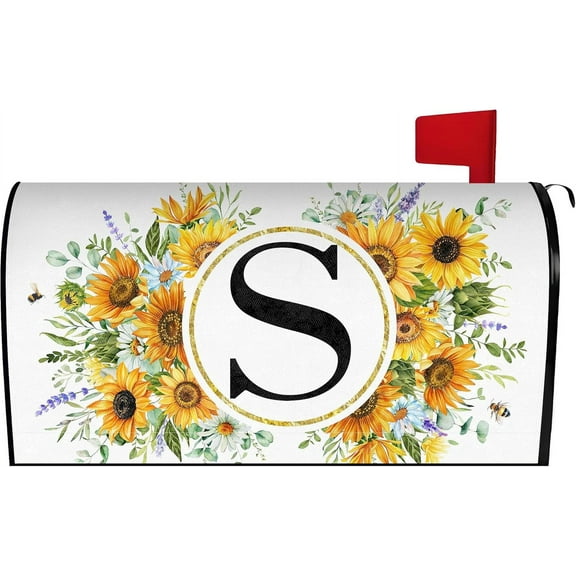 Summer Sunflower Monogram Letter S Mailbox Cover Magnetic 21x18 Inch, Family Last Name Initial Post Letter Box Covers, Spring Summer Seasonal Outdoor Yard Garden Standard Mailbox Decor