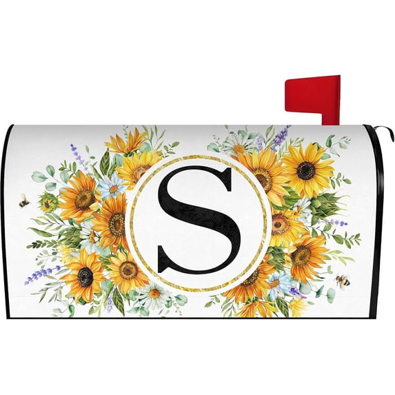 Summer Sunflower Monogram Letter S Mailbox Cover Magnetic 25.5x21 Inch, Family Last Name Initial Post Letter Box Covers, Spring Summer Seasonal Outdoor Yard Garden Oversized Mailbox Decor
