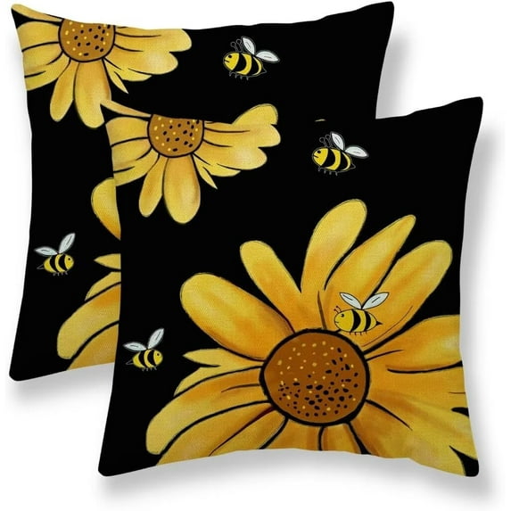 Summer Sunflower Pillow Covers 18x18 Set of 2, Black Background Yellow Sunflower Bee Decorative Throw Pillow Covers Farmhouse Linen Seasonal Flowers Pillowcase for Sofa Couch Home Outdoor Decor