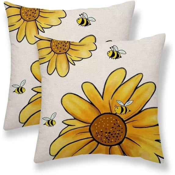 Summer Sunflower Pillow Covers 18x18 Set of 2, Yellow Sunflower Bee Decorative Throw Pillow Covers Farmhouse Linen Seasonal Spring Summer Flowers Pillowcase for Sofa Couch Home Outdoor Decor