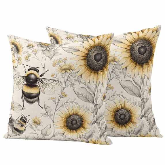 Summer Sunflower Pillow Covers 2 Pack Bee Floral Vintage Farmhouse Pillowcase Waterproof Outdoor Throw Pillow Cover for Patio Garden Square Cushion 24”x24”