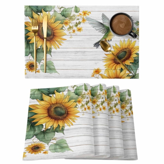 Summer Sunflower Placemats Set of 1, Leaves Hummingbird Vintage Wood Grain Non-Slip Place Mats Washable Table Mats for Kitchen Dining Table Decorations Indoor/Outdoor