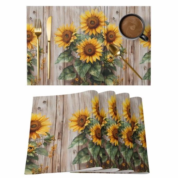 Summer Sunflower Placemats Set of 1, Vintage Floral Wood Grain Non-Slip Place Mats Washable Table Mats for Kitchen Dining Table Decorations Indoor/Outdoor