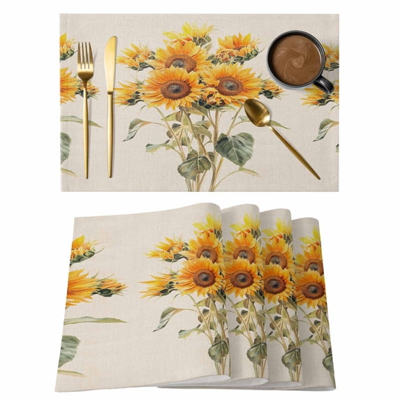 Summer Sunflower Placemats Set of 1, Vintage Plant Yellow Flower Linen Texture Non-Slip Place Mats Washable Table Mats for Kitchen Dining Table Decorations Indoor/Outdoor