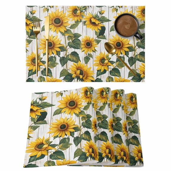 Summer Sunflower Placemats Set of 12, Retro Floral Wood Grain Non-Slip Place Mats Washable Table Mats for Kitchen Dining Table Decorations Indoor/Outdoor