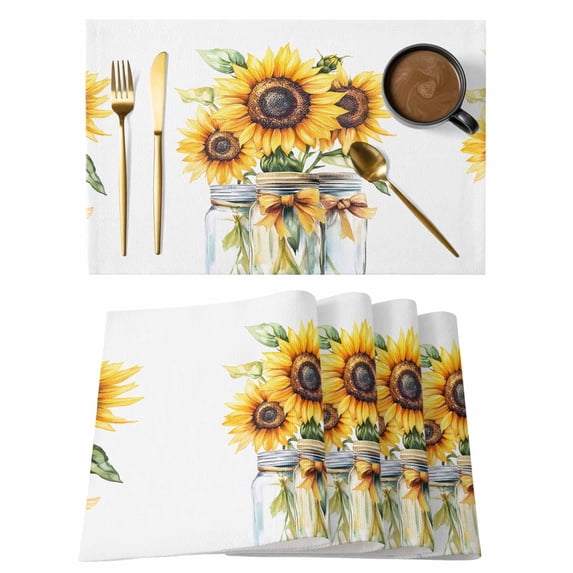 Summer Sunflower Placemats Set of 8, Retro Watercolor Yellow Flowers Non-Slip Place Mats Washable Table Mats for Kitchen Dining Table Decorations Indoor/Outdoor