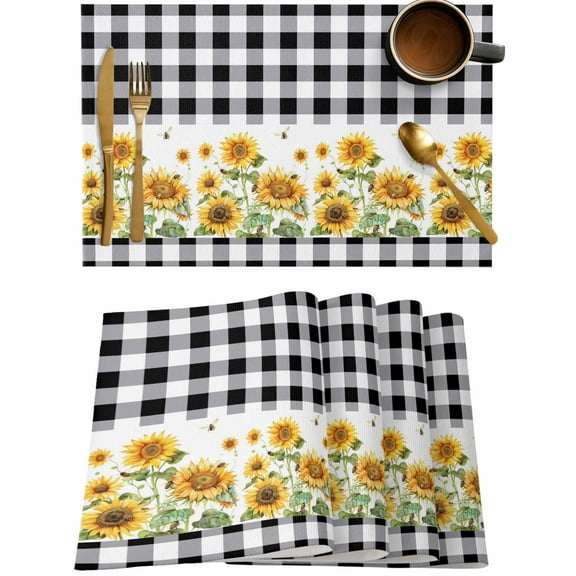 Summer Sunflower Plant Placemats Set of 4,Wipeable Washable Table Mats for Dining Tables,Black and White Buffalo Plaid Place Mats for Kitchen Event Party Tabletop Decor