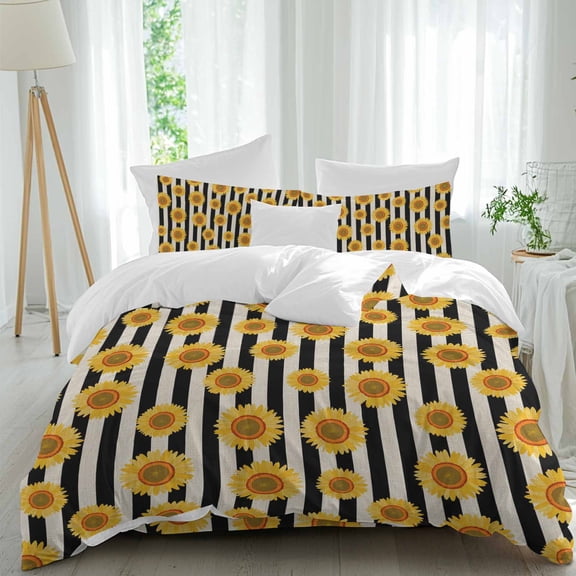 Summer Sunflower Queen Size Comforter Set, Black Stripes Vintage Country Linen Bedding for All Seasons, 4 Pcs Bed Set, 1Quiltcover (90"x92") ,1Sheet(94"x116"), 2Pillowcases (30"x20")