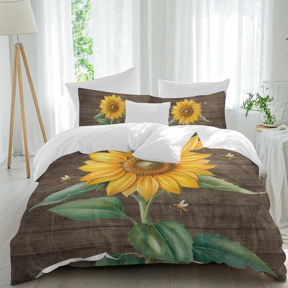 Summer Sunflower Queen Size Comforter Set, Yellow Floral Plants Bees Brown Wood Grain Bedding for All Seasons, 4 Pcs Bed Set, 1Quiltcover (90"x92") ,1Sheet(94"x116"), 2Pillowcases (30"x20")