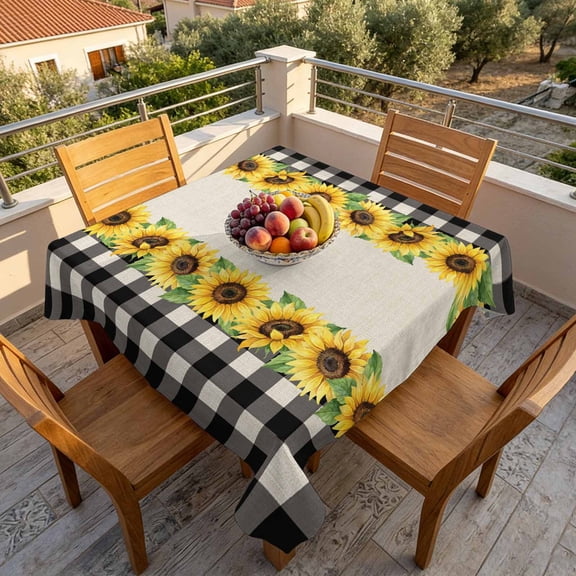 Summer Sunflower Retro Linen Table Cloth 60x60in, Waterproof Square Tablecloth Wipeable Tablecloths Black Gingham Check Table Covers for Dining Tables Party Indoor Outdoor