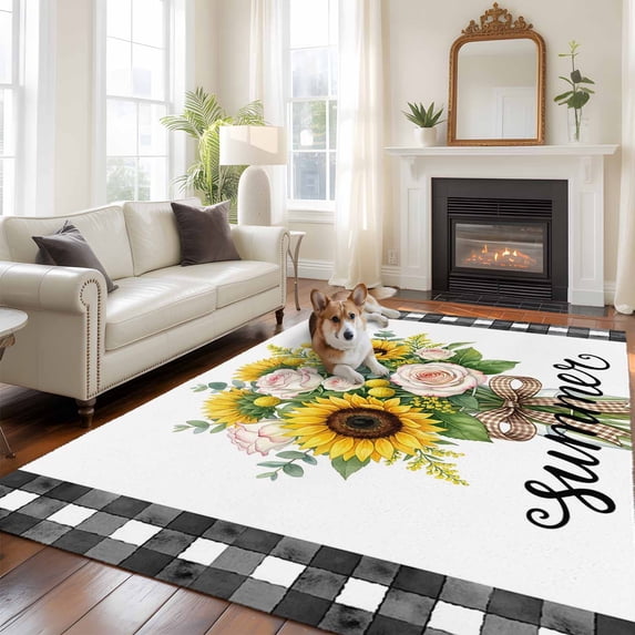 Summer Sunflower Rose Area Rugs 5x7 ft Country Farm Yellow Flower Leaf Black Plaid Washable Rug Non Slip Indoor Carpet Absorbent Floor Mat for Living Room Bedroom Dining Room