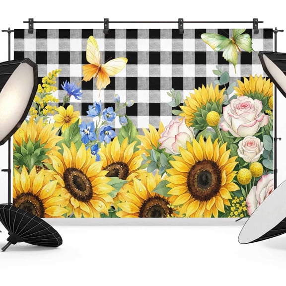 Summer Sunflower Rose Photography Backdrop 7x5FT, Country Farm Yellow Flower Butterfly Black Plaid Photo Backdrops, Background for Photography Studio Photo Studio Background, Back Drop for Photoshoot