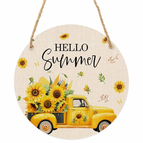 Summer Sunflower Round Front Door Welcome Sign, 7.8 Inch Wall Hanging Decor for Indoor Outdoor, Yellow Truck Botanical Rustic Home Porch Hanger Decorations for Holiday Gift