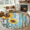thumbnail image 1 of Summer Sunflower Round Rug 5ft Washable Circle Kitchen Rugs Non Slip Blue Wood Grain Farmhouse Country Large Area Rug Indoor Floor Carpet for Bedroom Living Room Home Office Dining Room Nursery, 1 of 8