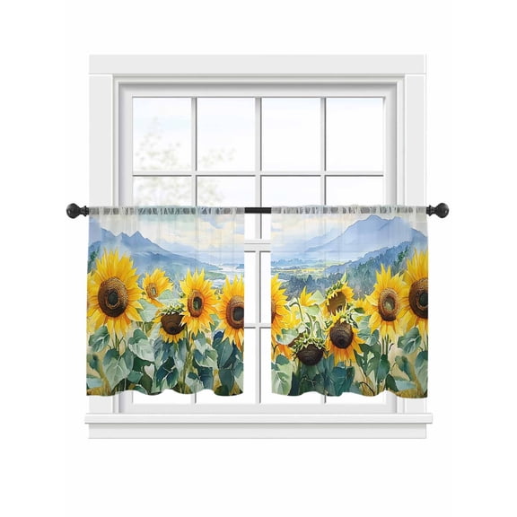 Summer Sunflower Sheer Curtains 2 Panels Set Plant Mountain Field Painting Style Nature Sheer Window Curtains Light Filtering Rod Pocket Voile Drapes for Bedroom Living Room 52"x45"