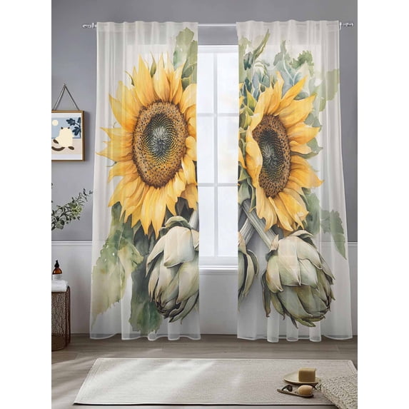 Summer Sunflower Sheer Curtains for Living Room Bedroom Yellow Green Floral Watercolor Plant Sheer Curtains 84 Inch Long 2 Panels Set Light Filtering Curtain Window Treatments Drapes for Dining Room