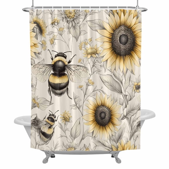 Summer Sunflower Shower Curtain for Bathroom, Bee Floral Vintage Farmhouse Waterproof Cloth Fabric Bathroom Accessories Set with 12 Rust Proof Plastic Hooks, 72"x72"