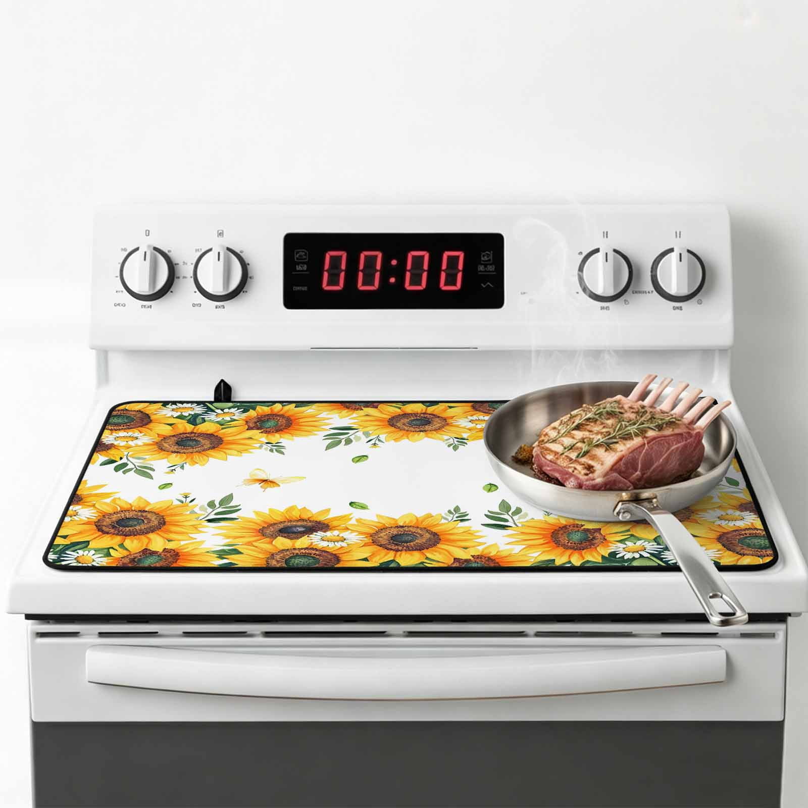 Summer Sunflower Stove Top Cover for Electric Stove, Heat-proof & Non Slip Glass Top Stove Cover Protector, Daisy Leaves Butterfly Botanical Kitchen Flat Cooktop Rubber Mat 24x21 Inches